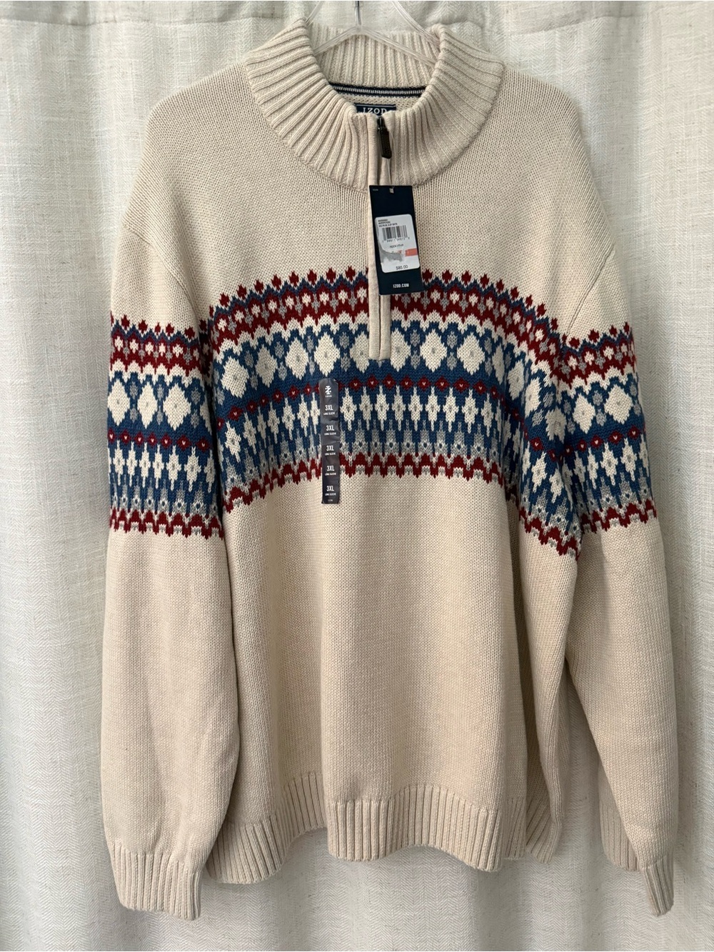 Izod Cream Fair Isle Half-Zip Sweater with Blue and Red Accents NWT